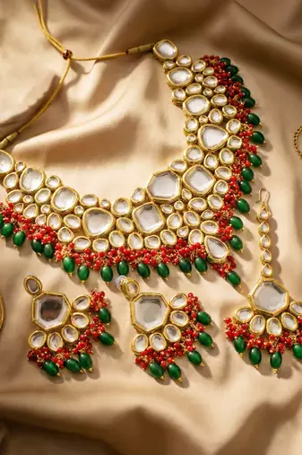 18 kt gold plated red green kundan bridal & semi-bridal necklace set
