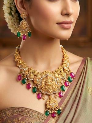 Gold-tone antique temple bridal necklace set with earrings for wedding wear 1