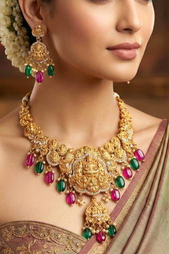 Gold-tone antique temple bridal necklace set with earrings for wedding wear