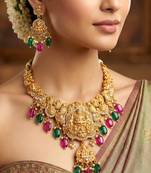 Gold-tone antique temple bridal necklace set with earrings for wedding wear