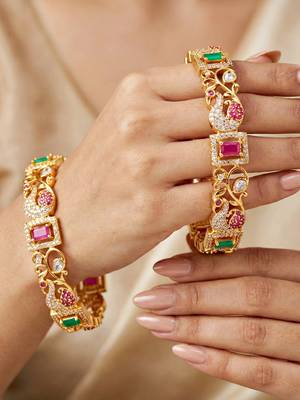 Gold ad paisley bangle pink green stone 2