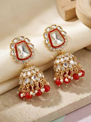 18 kt gold plated red kundan bridal necklace set with tikka & nath 4