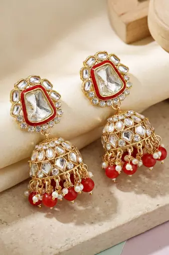 18 kt gold plated red kundan bridal necklace set with tikka & nath