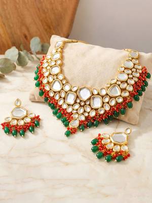 18 kt gold plated red green kundan bridal & semi-bridal necklace set 4