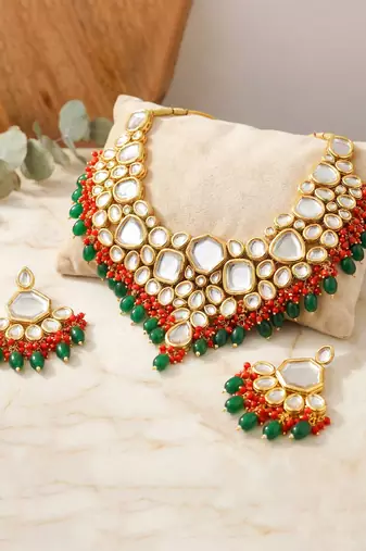 18 kt gold plated red green kundan bridal & semi-bridal necklace set