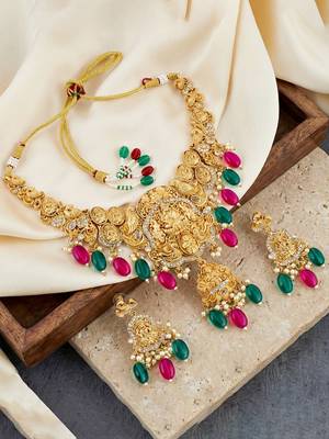 Gold-tone antique temple bridal necklace set with earrings for wedding wear 2