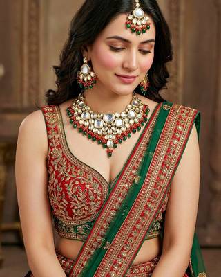 18 kt gold plated red green kundan bridal & semi-bridal necklace set 5