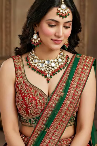 18 kt gold plated red green kundan bridal & semi-bridal necklace set