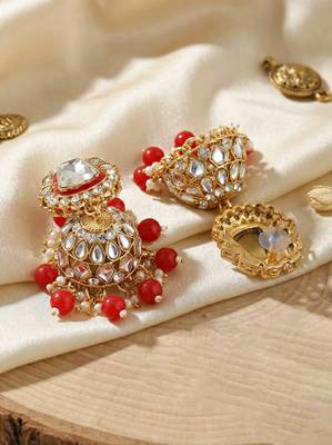 18 kt gold plated red kundan bridal necklace set with tikka & nath 5