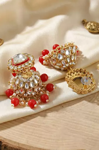 18 kt gold plated red kundan bridal necklace set with tikka & nath