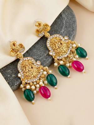 Gold-tone antique temple bridal necklace set with earrings for wedding wear 3