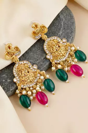 Gold-tone antique temple bridal necklace set with earrings for wedding wear
