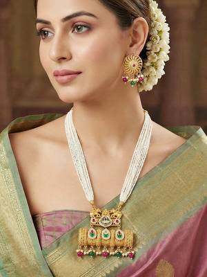 Gold-tone temple pearl necklace set with earrings for party & wedding wear 1