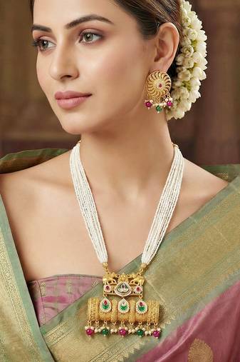Gold-tone temple pearl necklace set with earrings for party & wedding wear