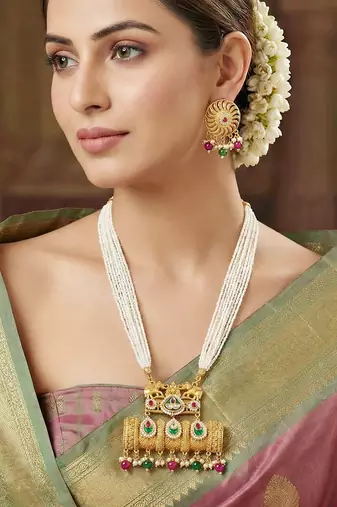 Gold-tone temple pearl necklace set with earrings for party & wedding wear