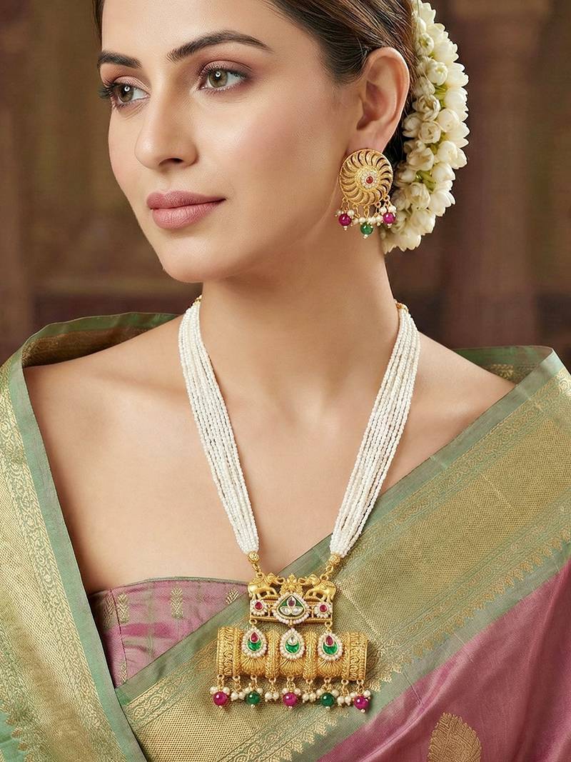 Gold-tone temple pearl necklace set with earrings for party & wedding wear