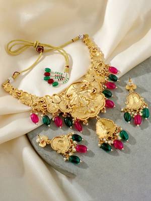 Gold-tone antique temple bridal necklace set with earrings for wedding wear 4