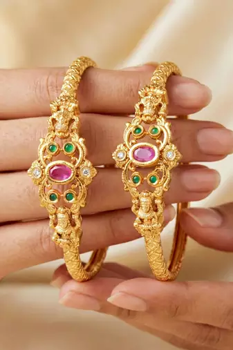 Gold laxmi temple ad bangle pink green