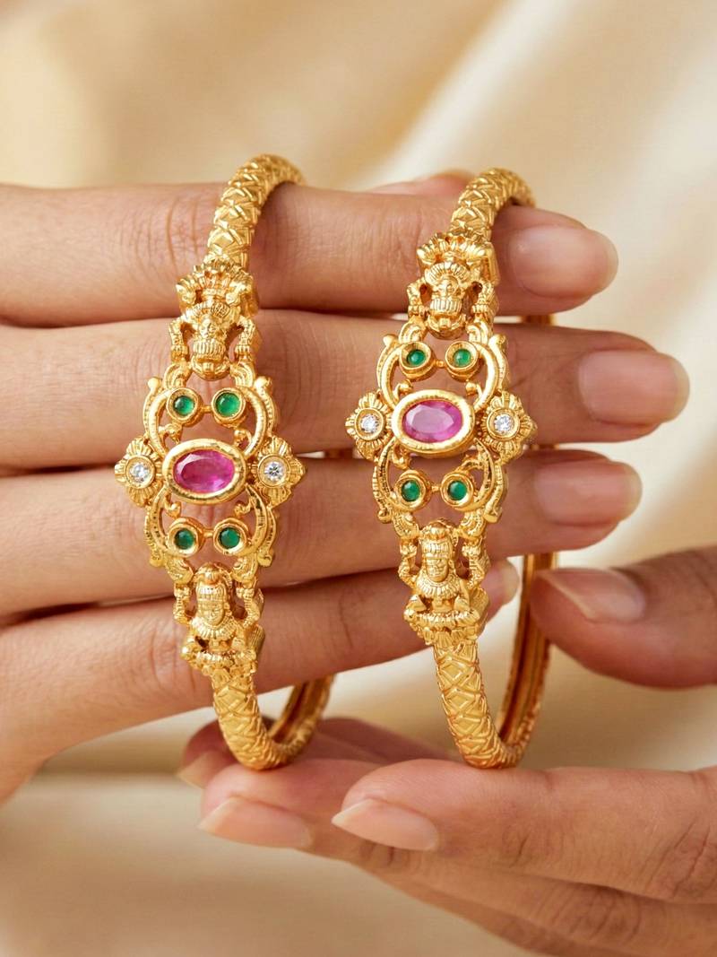 Gold laxmi temple ad bangle pink green