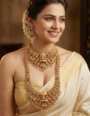 Antique gold plated south indian temple jewelry layered set 1