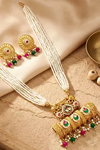 Gold-tone temple pearl necklace set with earrings for party & wedding wear