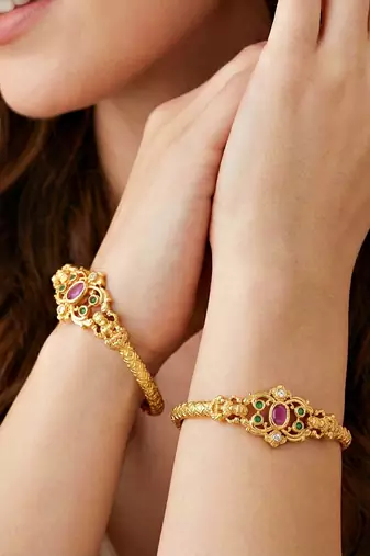 Gold laxmi temple ad bangle pink green