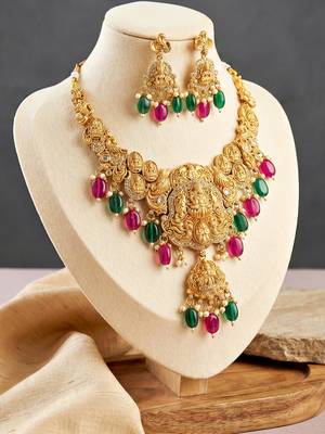 Gold-tone antique temple bridal necklace set with earrings for wedding wear 5