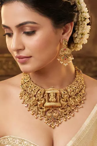 Antique gold plated south indian temple jewelry layered set