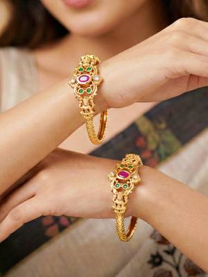 Gold laxmi temple ad bangle pink green 3