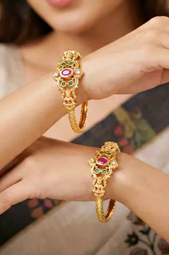Gold laxmi temple ad bangle pink green