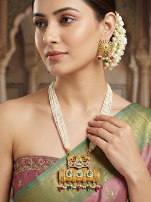 Gold-tone temple pearl necklace set with earrings for party & wedding wear 3