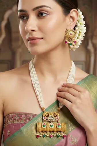 Gold-tone temple pearl necklace set with earrings for party & wedding wear