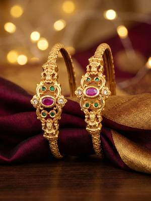 Gold laxmi temple ad bangle pink green 4
