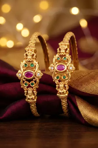 Gold laxmi temple ad bangle pink green