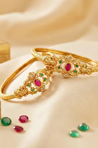 Gold laxmi temple ad bangle pink green