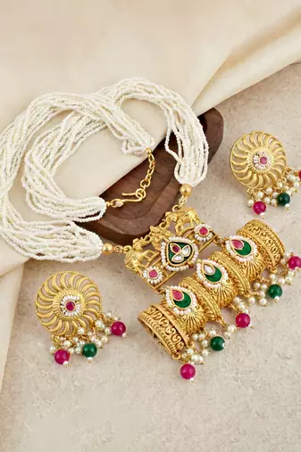 Gold-tone temple pearl necklace set with earrings for party & wedding wear