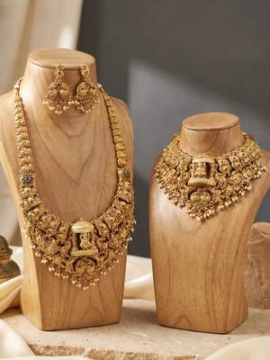 Antique gold plated south indian temple jewelry layered set 4