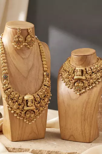 Antique gold plated south indian temple jewelry layered set