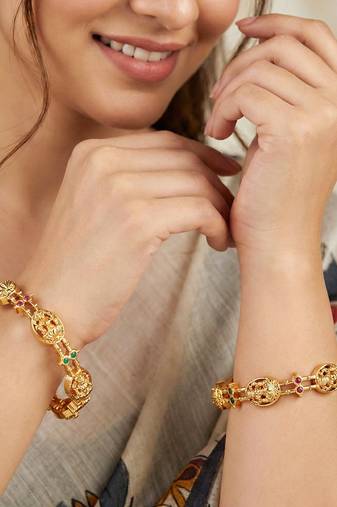 Gold laxmi temple floral ad bangle pink green