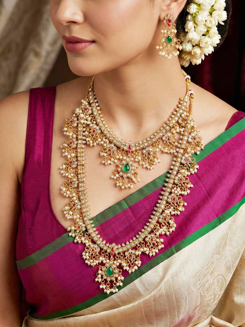 Exquisite ethnic gold plated choker and long necklace set
