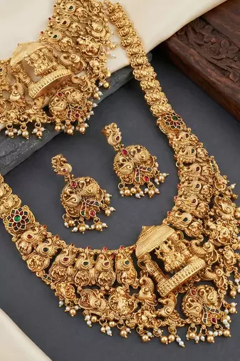 Antique gold plated south indian temple jewelry layered set