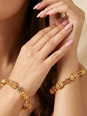 Gold laxmi temple floral ad bangle pink green 2