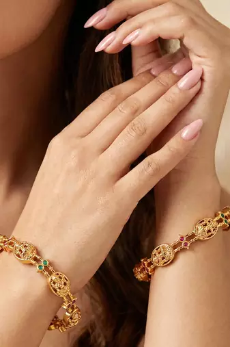 Gold laxmi temple floral ad bangle pink green