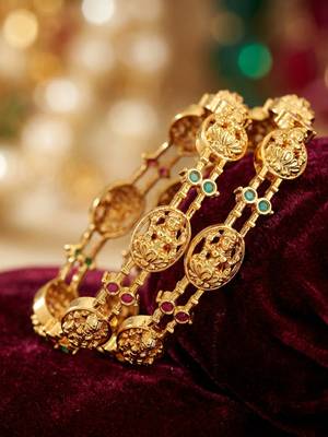 Gold laxmi temple floral ad bangle pink green 3