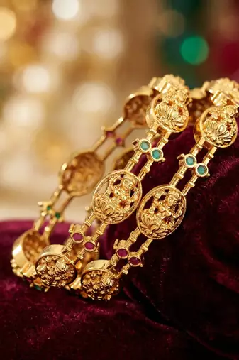 Gold laxmi temple floral ad bangle pink green