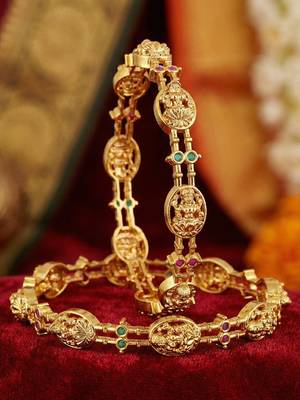 Gold laxmi temple floral ad bangle pink green 4
