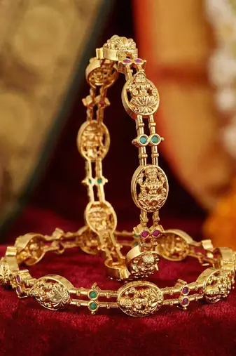 Gold laxmi temple floral ad bangle pink green