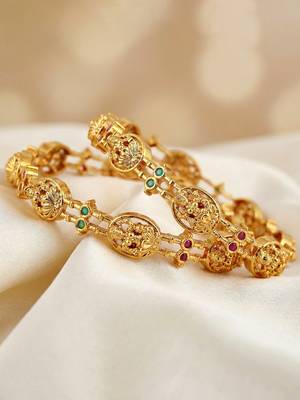 Gold laxmi temple floral ad bangle pink green 5