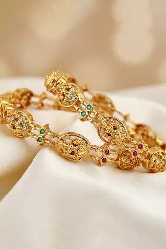 Gold laxmi temple floral ad bangle pink green