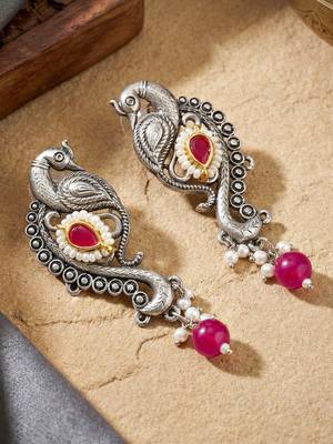 Antique silver-tone peacock temple necklace set with earrings for festive wear 2
